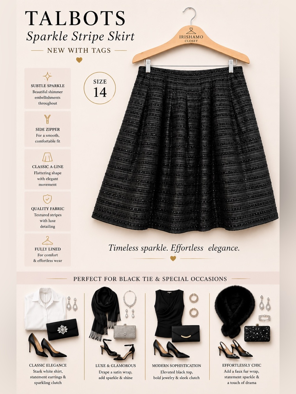 NWT Talbots Black Sparkle A-Line Skirt | Size 14 | Textured Holiday Party Events